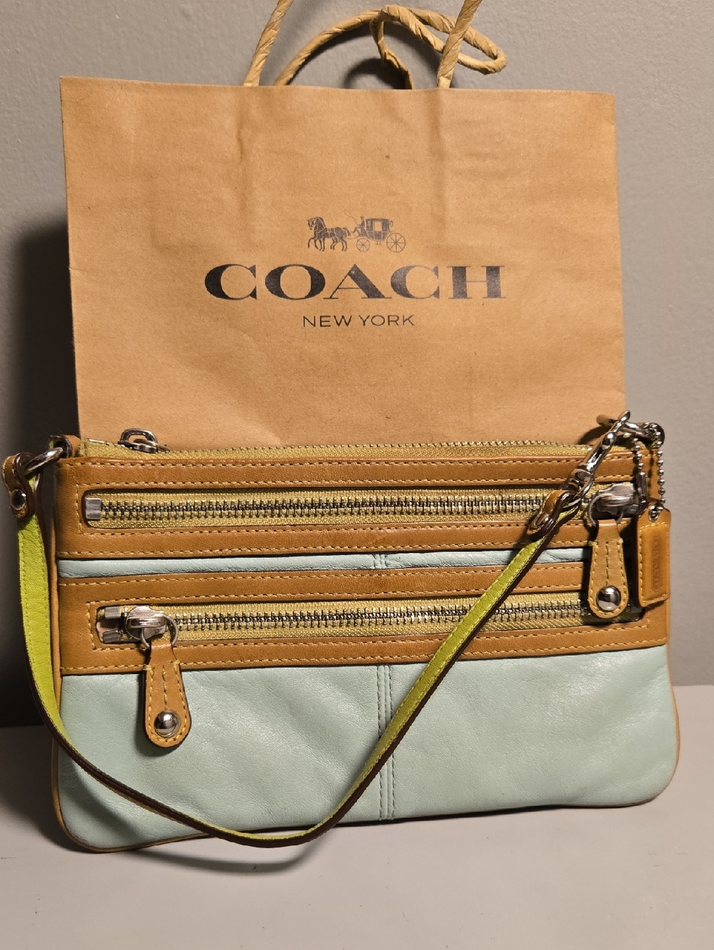 COACH Two-Tone Leather Wristlet- Blue, Green and Tan - Picture 2 of 11